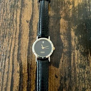 Ladies diamond quartz watch with black leather band